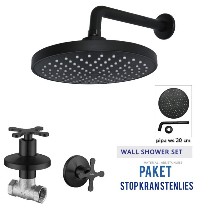 Ready paket wall shower tanam/ stop kran air dingin stainles hitam