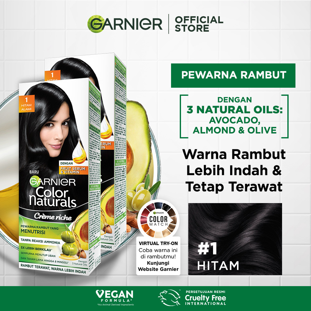GARNIER Hair Colour Pewarna Rambut Permanen ISI 2 Big Kit 105ml #1 HItam | Cat Rambut Tanpa Amonia C