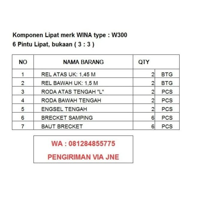 Rel Pintu Lipat 6 Daun 3-3 Merk Wina Tipe W300 Pakai Roda L