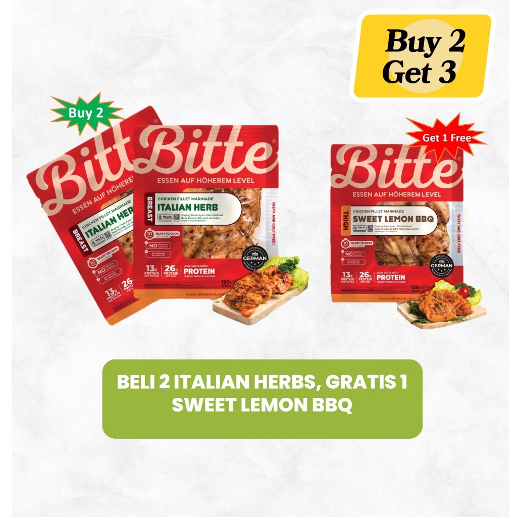 

Beli 2 Bitte Healthy Chicken Fillet Marinade Italian Herb Breast Gratis 1 Sweet Lemon BBQ Thight 120 gram