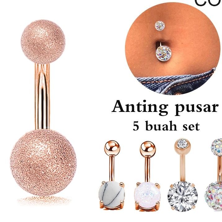 Belly Piercing Zircon 5 Buah Set Anting Pusar Bulat Mawar Emas Fesyen Sederhana Piercing Stainless A