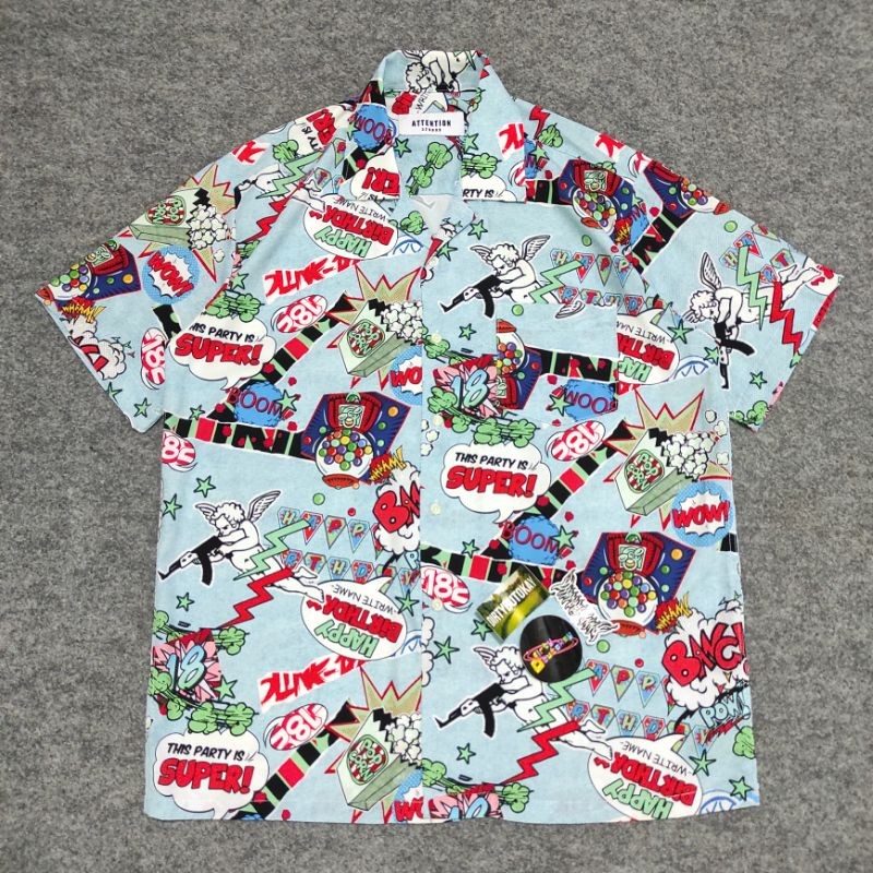 Kemeja Oversize Open Collar Attention All Over Print