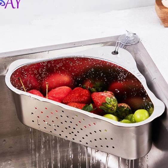 Rak Saringan Wastafel Segitiga Stainless Steel Tempat Sabun Spons Cuci Piring Tempat Tirisan Cucian 