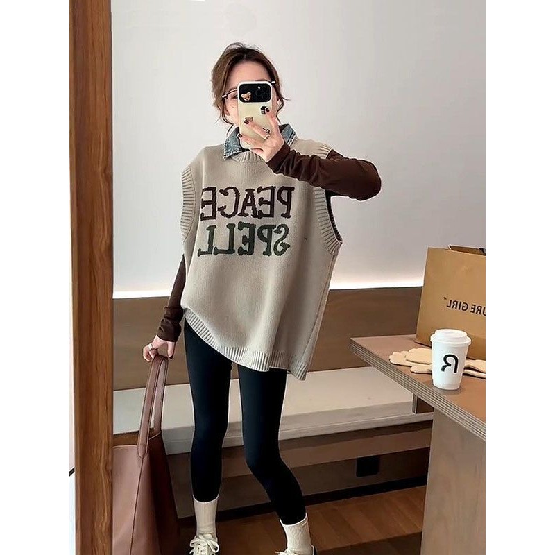 Tanpa Lengan Kerah Denim Pin Tenun Rompi Wanita Baru Longgar Atasan Rompi