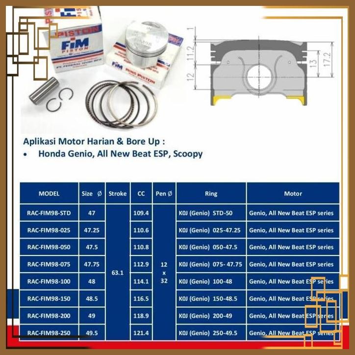 [PSS] PISTON KIT FIM 98 HONDA GENIO NEW BEAT PIN 12 UKURAN 47 48 49