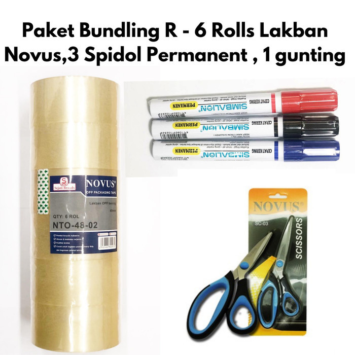 

Ready Paket Bundling R - 6 Rolls Lakban Novus,3 Spidol Permanent , 1 gunting