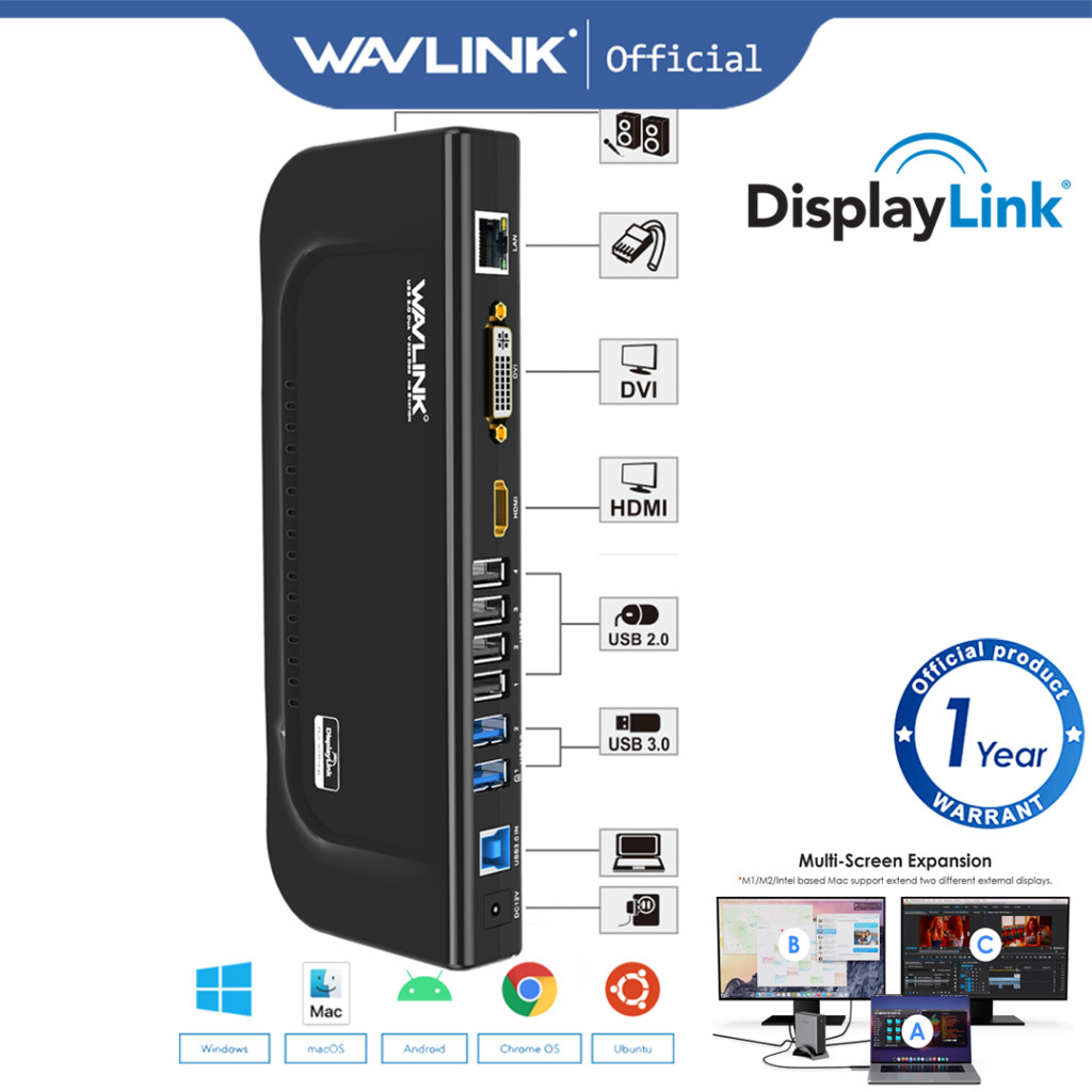 Wavlink USB 3.0 DisplayLink Universal 2K Dual 1080P Display Docking Station dengan Gigabit Ethernet 