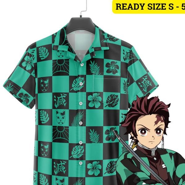 Dowear Baju Shirt Kemeja Lengan Dek Anime Pria Motif Full Printing Kartun Tanjiro Hawai 912