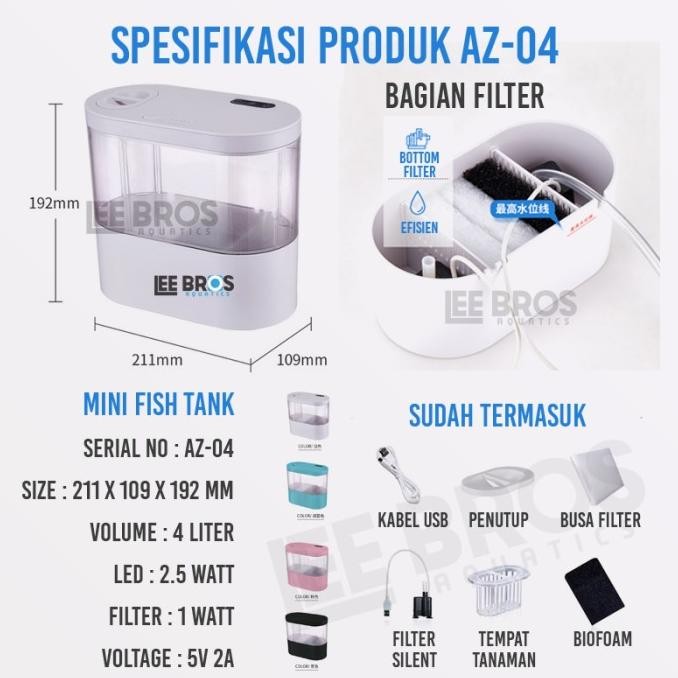 Aquarium Cupang Lengkap Filter + LED / Aquarium Mini USB Unik AZ-04