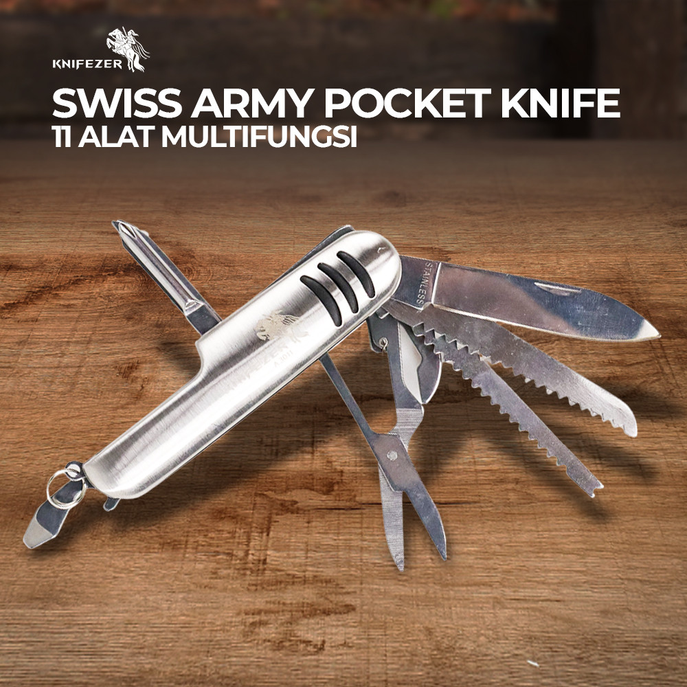 Pisau Lipat Swiss Army Multifungsi 11in1 Stainless Steel Tajam Anti Karat