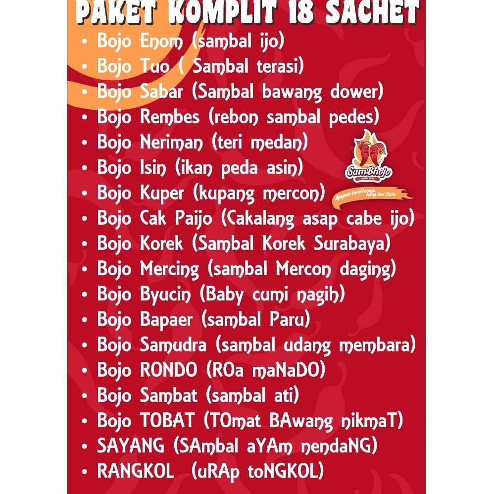 

Sambhojo - Sambal Sachet Komplit 18 Varian, Gratis Mangkok Sambal/Wooden Spoon
