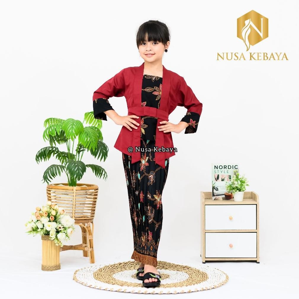 PROMO Baju Kebaya Anak Bahan Katun Model Kutubaru Kombinasi Rok Plisket / Setelan Kebaya Anak Peremp