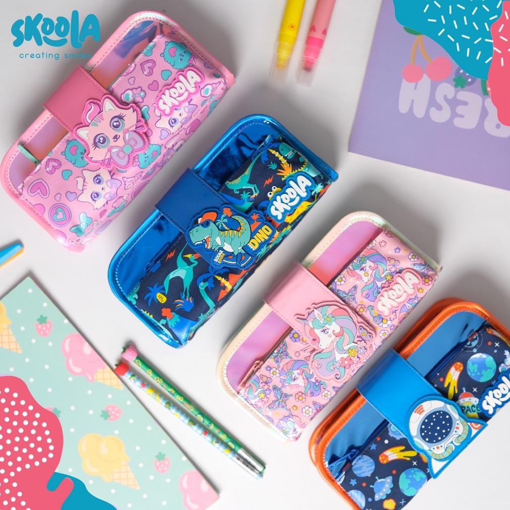 

VIRAL Skoola Tempat Pensil Lipat 3 Pencil Case Threefold Anak Laki - Laki Lucu Dinosaurus Astronot - Pensy Up15