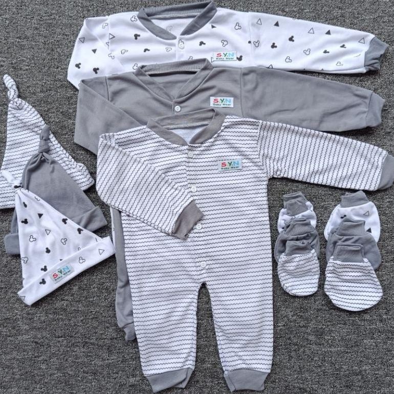 Promo (Dapat 3Set) 4In1 Sleepsuit Panjang Bayi Topi Stk Newborn Seri Abu/Baju Jumper Set Panjang Bay