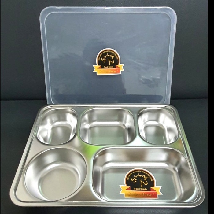 

Terbaru Plato / Food Tray / Tempat Makan Sekat 5 STAINLESS Tutup Plastik Limited