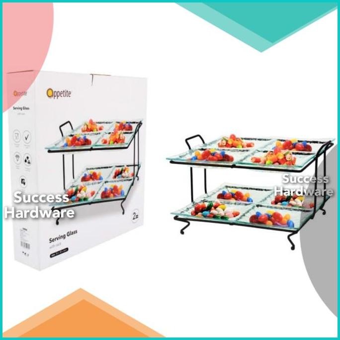 APPETITE SET 3 PCS WADAH SAJI KACA DENGAN RAK / SERVING GLASS TWO SQ