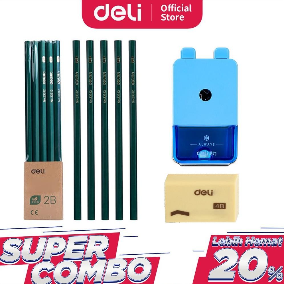

er-90 Deli Combo Set 2 - 10pcs Pensil 2B + 3pcs Penghapus + Rautan Putar Viral