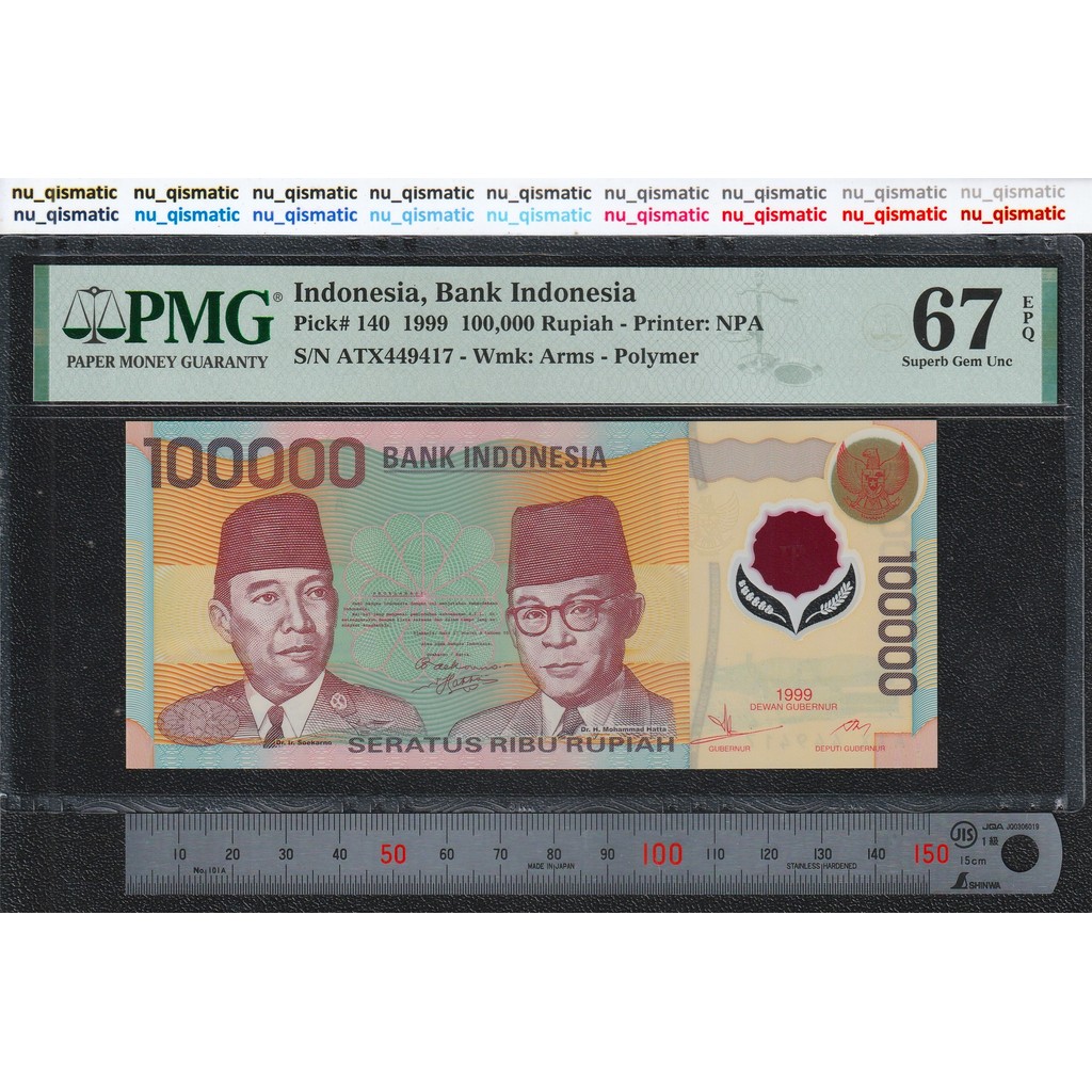 Indonesia 100000 100.000 Rupiah , 1999 , Polymer PMG 67 EPQ Superb Gem UNC P# 140
