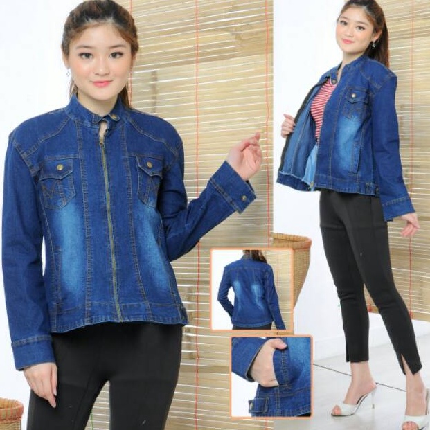 [CODEBARANG147SXV] MC girl - Jaket Jeans Resleting Kerah Berdiri Wanita / Jaket Sleting Kerah Tegak 