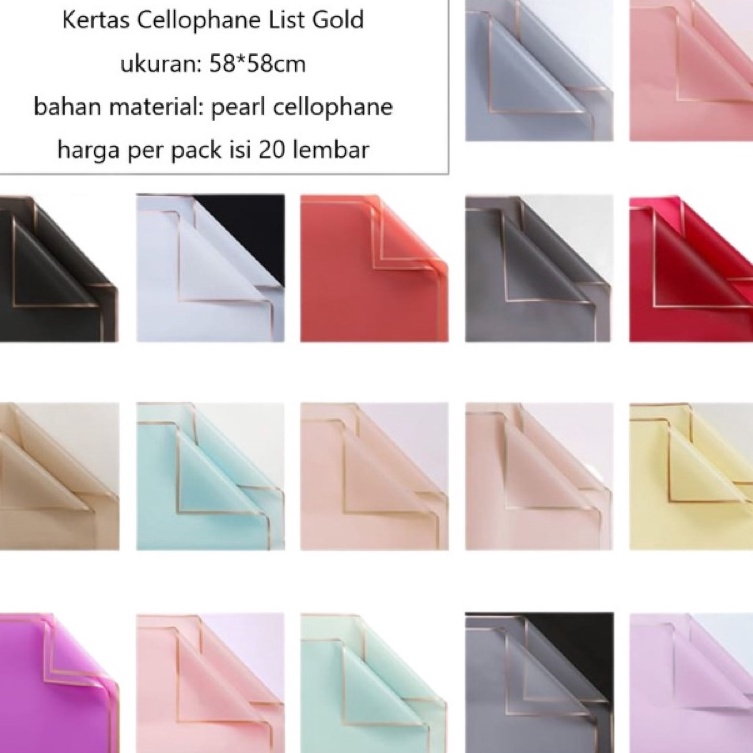 

Special Price (20 lembar) kertas bunga flower wrapping paper cellophane gold list 58*58cm per pack (isi 20 lembar) MFJ