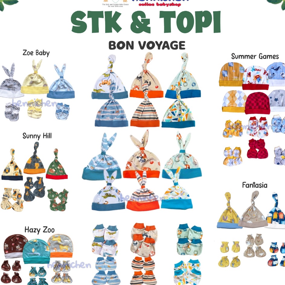 TZNG7291  PROMO 9.9 Set STK Topi Sarung Tangan + Sarung Kaki Libby 2in 1 BON VOYAGE  ZOE BABY / SUMM