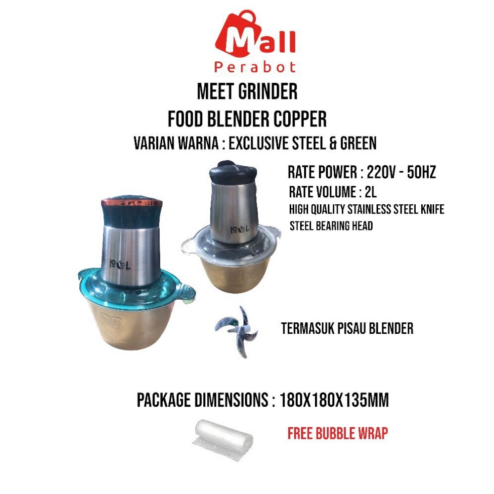 → Meat Grinder 2L Blender Daging Stainless SUS 304 4 Mata Pisau Food Chopper Bumbu Steel Blender Ste