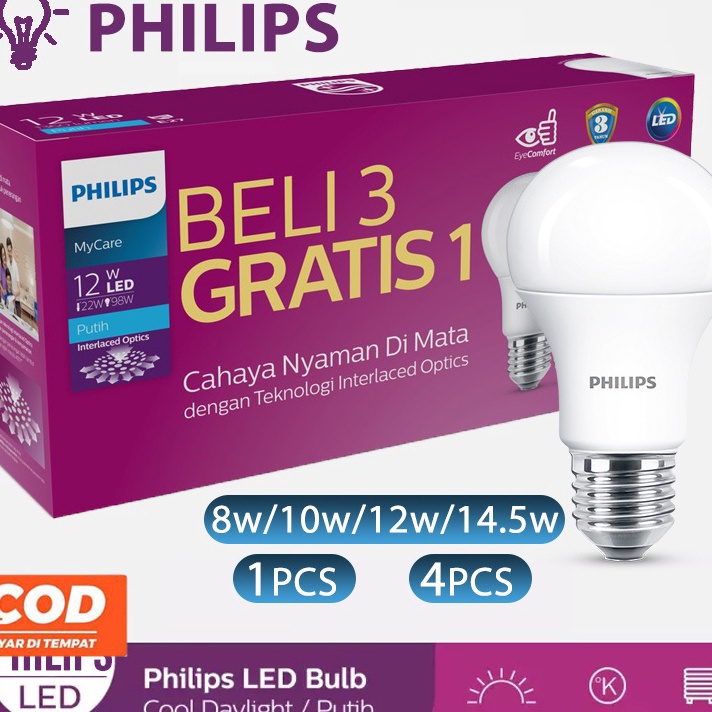 Termurah Lampu Philips Lampu LED Philips 8W 10W 12W 14.5 Watt Multipack Lampu led rumah Led Bulb 230V 6500K Putih 1Pcs/2Pcs/4Pcs