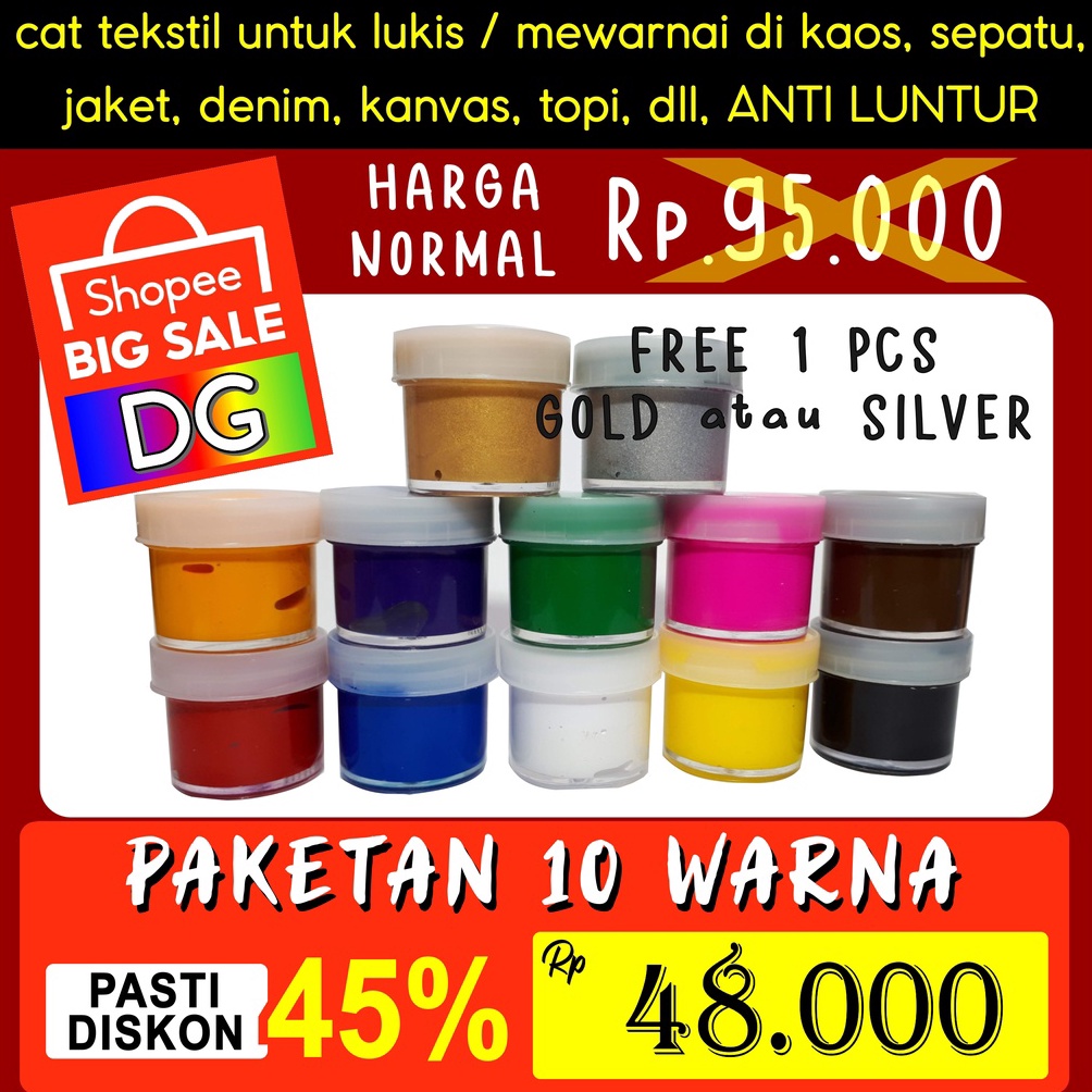 

Momen lebaran CAT PAKET 10 WARNA + FREE 1 PCS - Cat Tekstil utk lukis mewarnai di kaos / tas / sepatu / jeans / jaket / topi / kanvas - langsung pakai ANTI LUNTUR 226