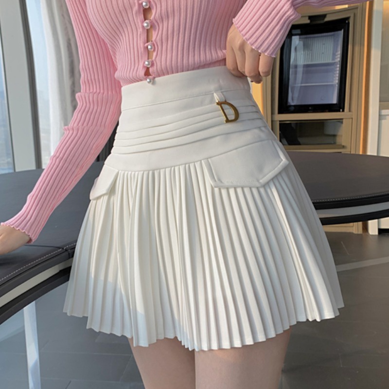 Rok setengah panjang, rok pendek a-line, pinggang tinggi, rok lipit tipis, rok putih wanita