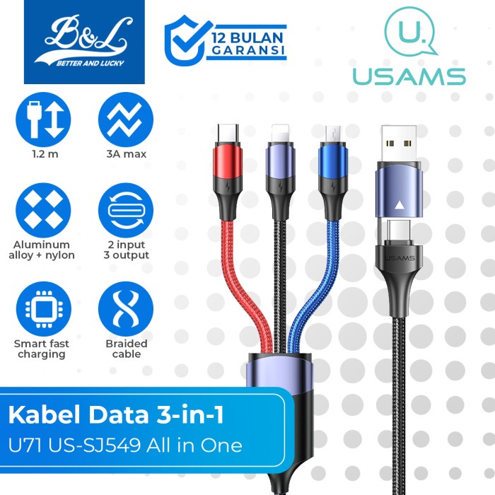 USAMS U71 KABEL CHARGER 3-IN-1 3A USB+TYPE-C TO M+L+C