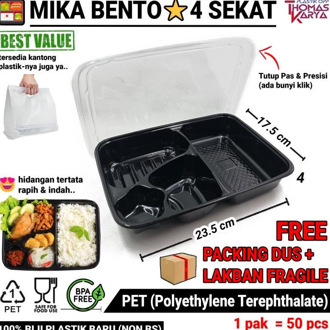 Mika Bento Sekat 4 + Tutup (50 Pcs) PET Kotak Makan Plastik Mika Bento
