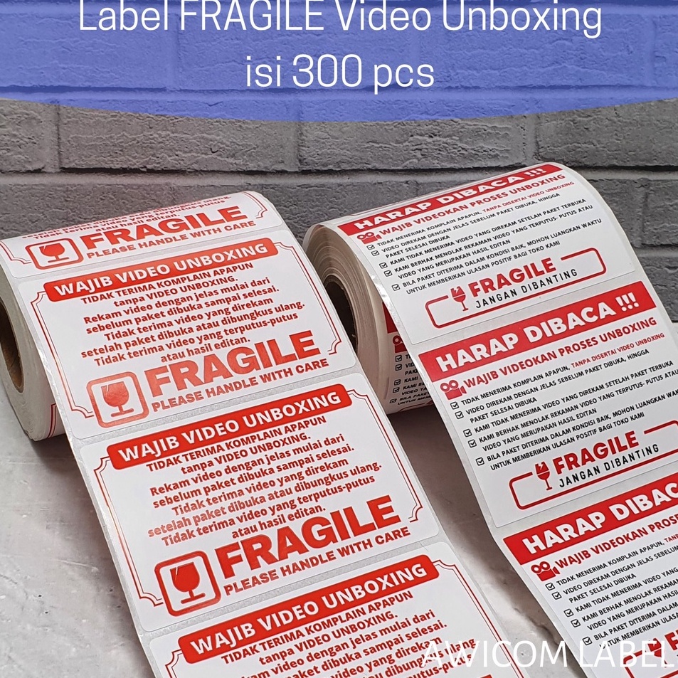 

SWBB3914 Label Sticker FRAGILE Wajib Video Unboxing Stiker Perhatian Online Shop 80x50 isi 300 pcs