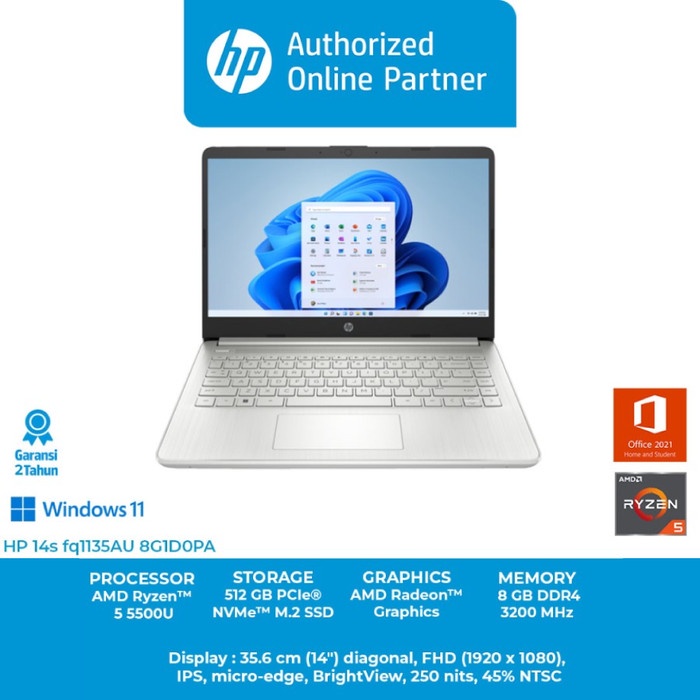 HP 14s fq1135AU Ryzen 5 5500U 8GB DDR4 512GB W11 OHS