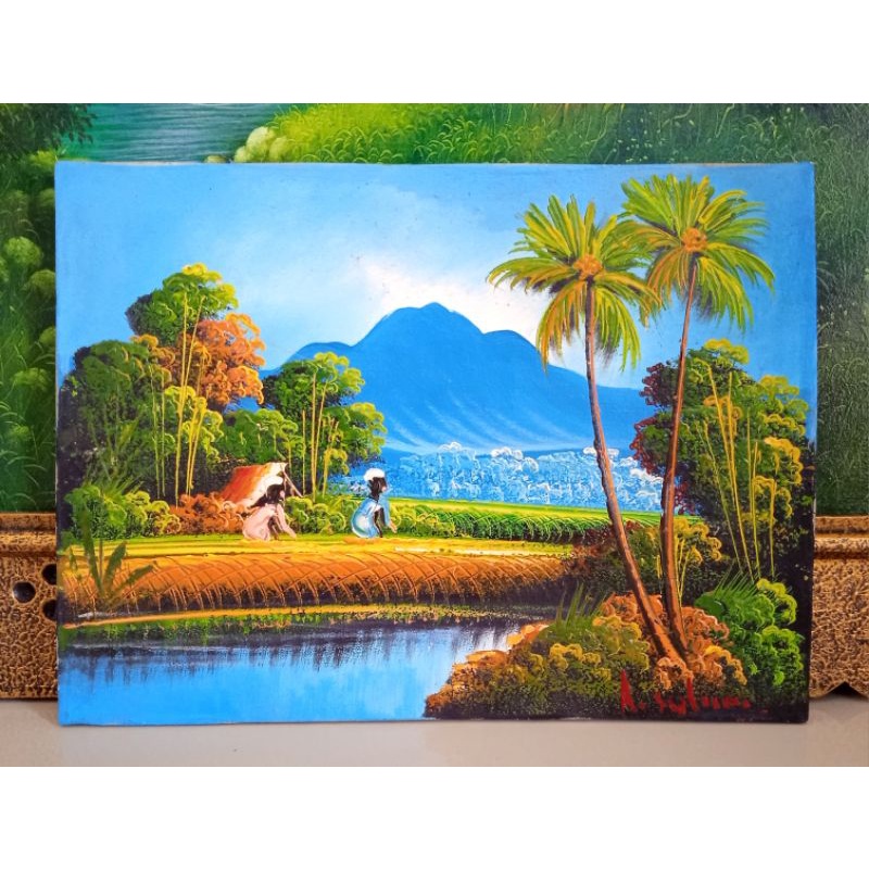Lukisan pemandangan sawah pegunungan
