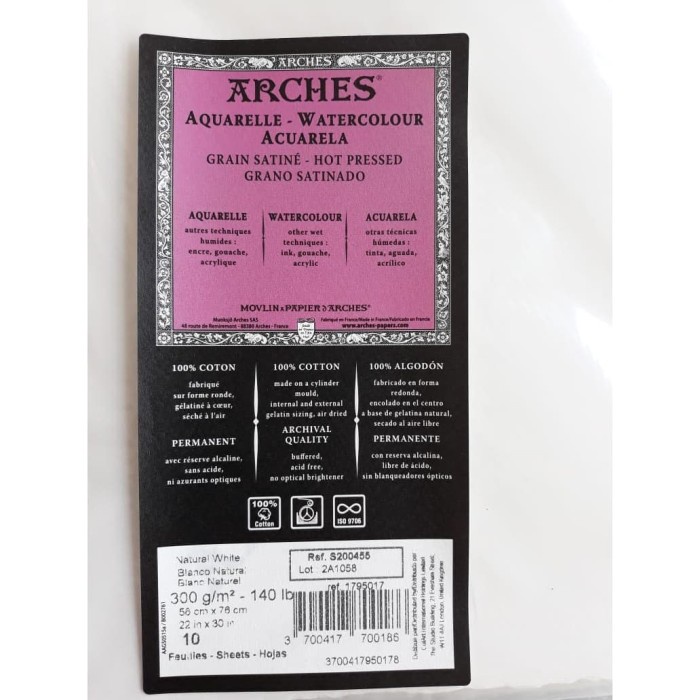 

ARCHES WATER COLOUR PAPER HOT PRESS 300GSM 56x76 CM