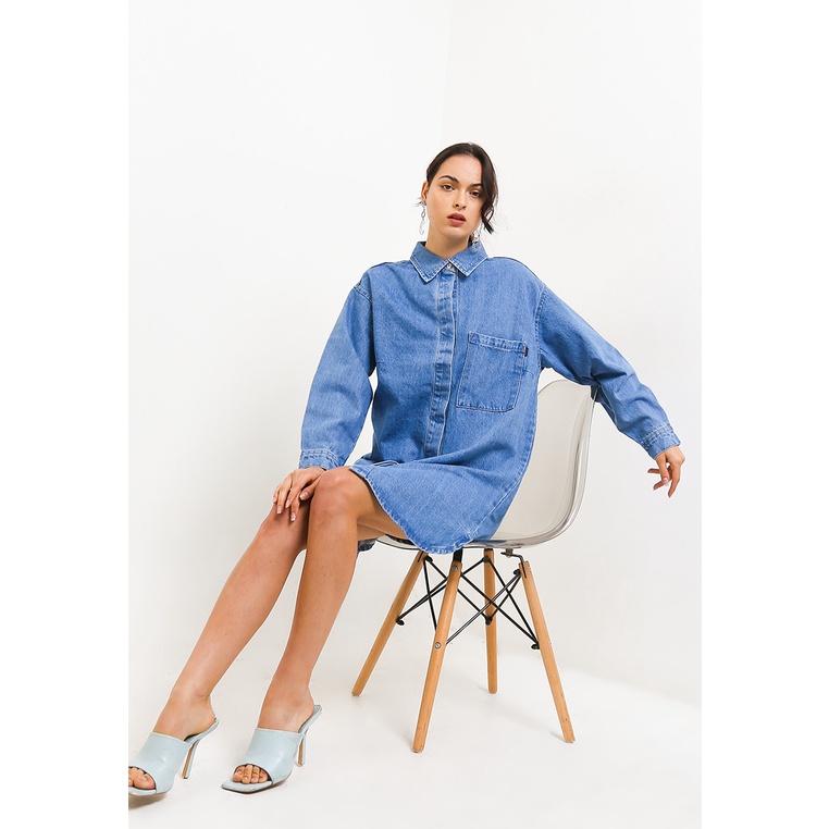 Dress Hush Puppies Original Wanita Dres desain minimalist Kantor Ori Trendi Reggie Denim Gadis Minim