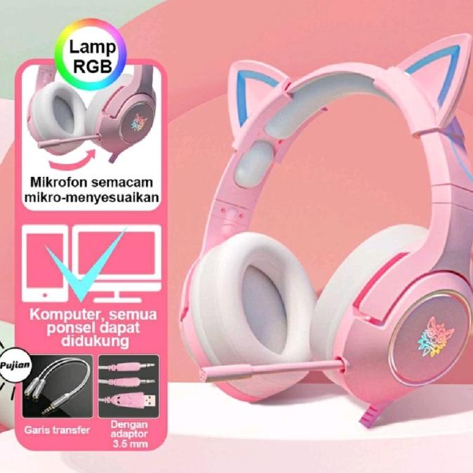 Headset Bluetooth Bando Motif Kucing Headphone Pink Lucu Anak Anak