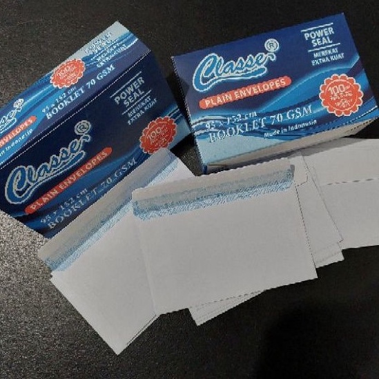 

Terlaris Amplop putih 104 polos berperekat/peal and seal merk CLASSE isi 100 lembar/box. Made in Indonesia
