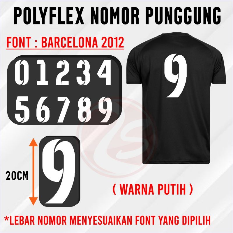 Nomor punggung kaos bola stiker poliflex untuk baju sablon setrika rumahan nopung baju jersey bola jual angka satuan cetak nomor polyflex satuan murah Font Barcelona2012 hitam putih