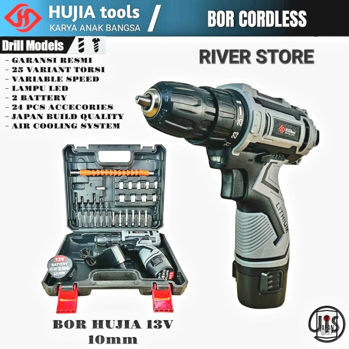 Mesin Bor Cordless Hujia 13V Baterai Bor Drill 10MM Fullset Besi Kayu