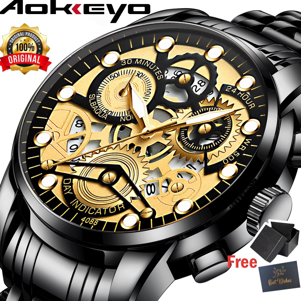 TERMURAH Aokeyo 4088 Jam Tangan Pria Anti Air Original Luxury Stainless Steel（Free BOX+Kartu）