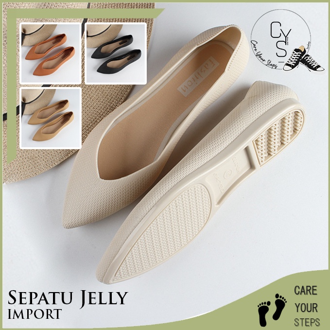 CHEKOUT CYS Sandal Sepatu Flat Slip On Wanita Cewek Jelly Polos Model Lancip Kekinian Formal Korea F