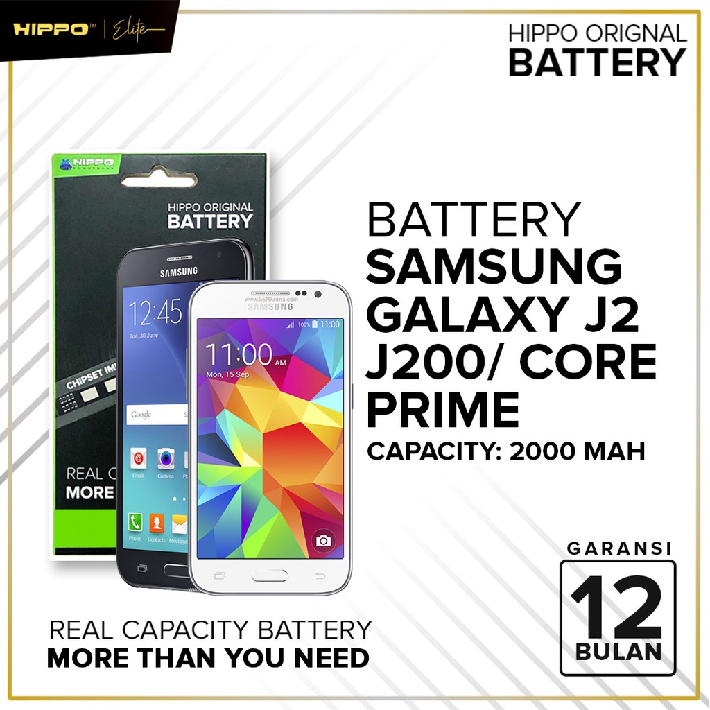 Hippo Baterai Samsung J2-J200/CORE PRIME/WIN2 DUO 2000 mAh Original Batere Premium Batu Batre Batrai Handphone Garansi Resmi