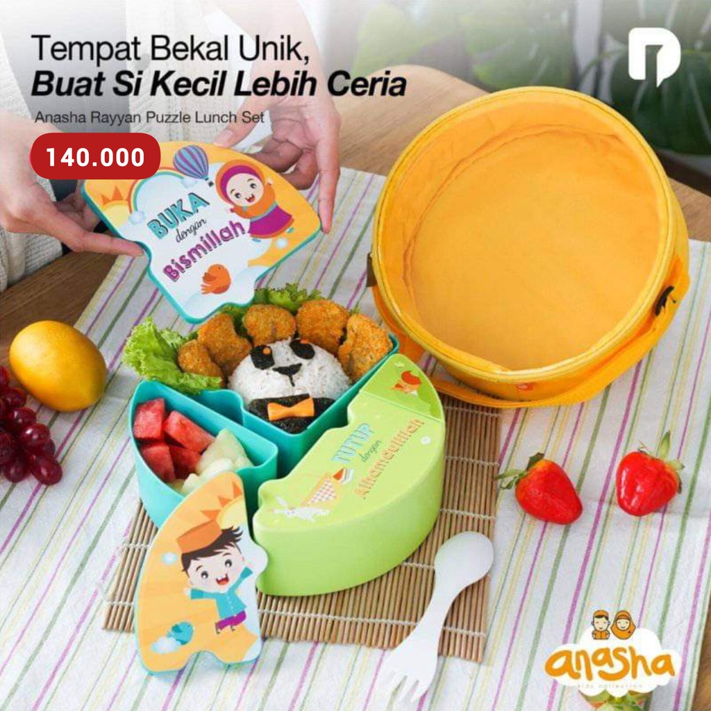 Anasha Rayyan Puzzle Lunch Set, tempat makan + tempat minum + tas bekal, set tempat bekal anak paud 