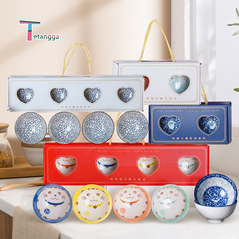 Sale.. Souvenir mangkok set premium peralatan makan porselen biru dan putih mangkuk keramik kotak ha