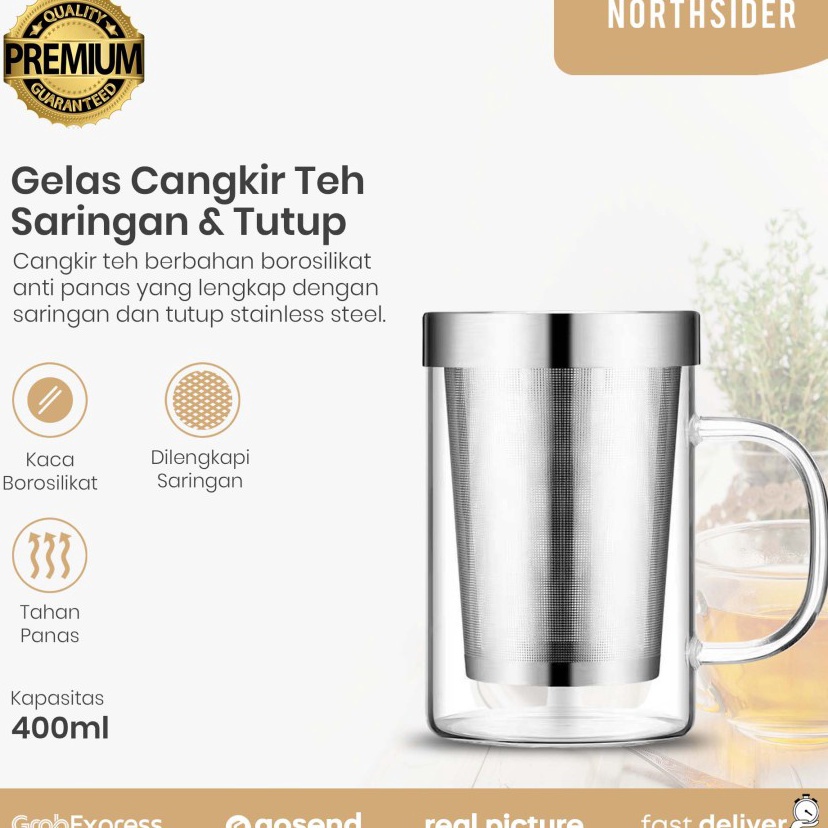➢❈ GELAS CANGKIR TEH KACA 400ML SARINGAN DAN TUTUP STAINLESS STEEL