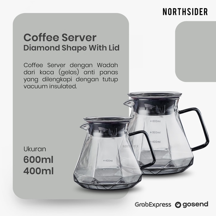 V60 coffee server kopi 400ml & 600ml diamond shape with lid