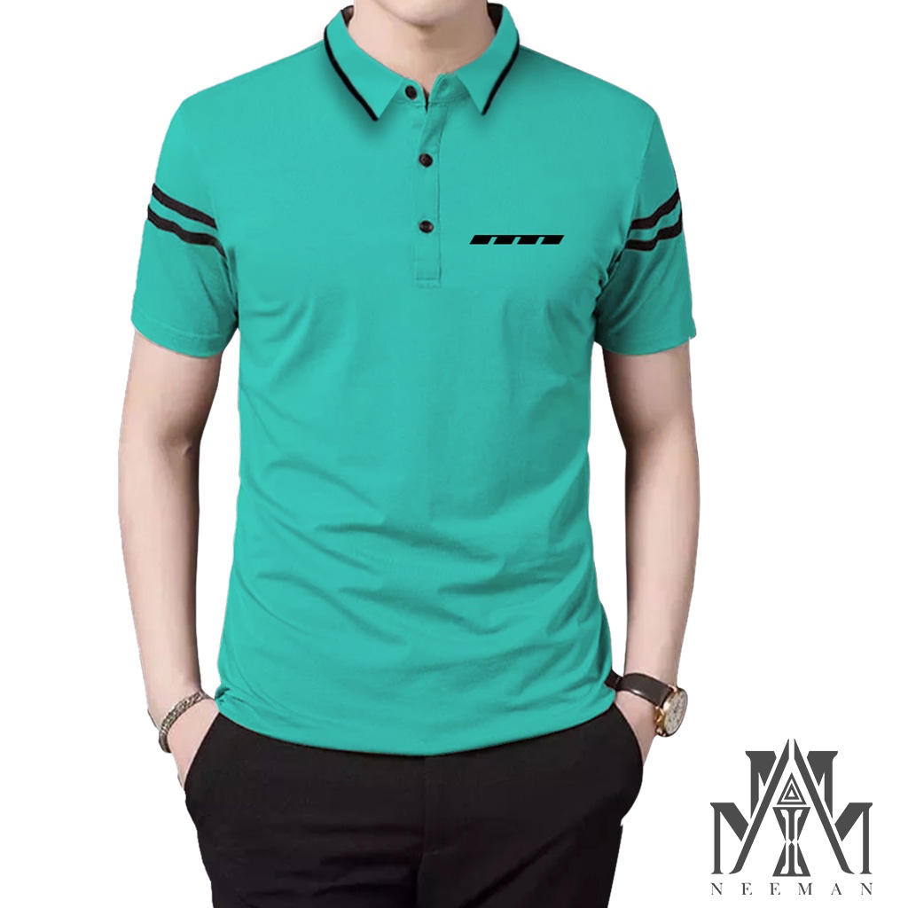 Kaos Pria Polo Saku Zebra Lengan Garis/Kerah Daun Pria