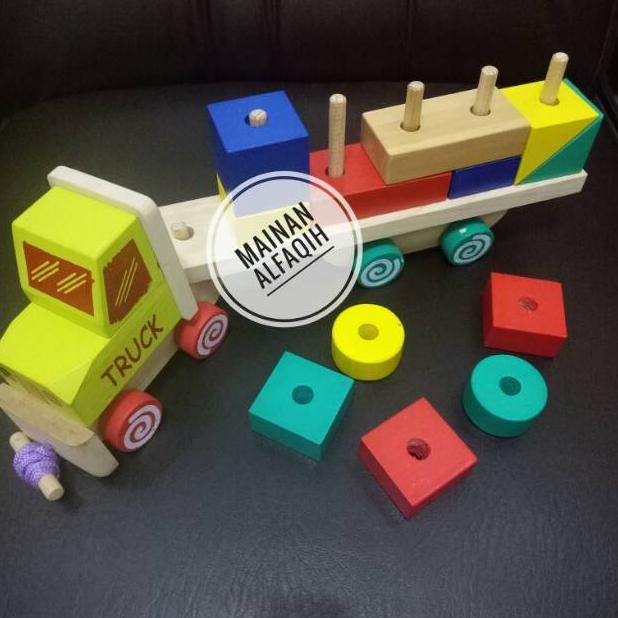 [Arc] Mainan Edukasi Anak Dari Kayu Susun Balok Truk Kontainer Pelangi Laris