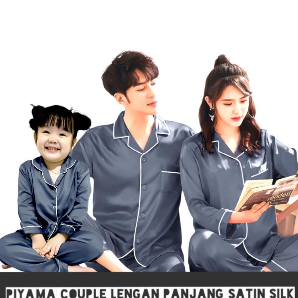 BAJU TIDUR LENGAN PANJANG/PIYAMA COUPLE IBU AYAH DAN ANAK CEWEK COWOK BAHAN SATIN SILK